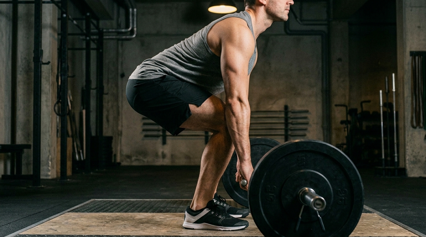 A coached barbell lift filmed from the side, showing a neutral spine and braced trunk