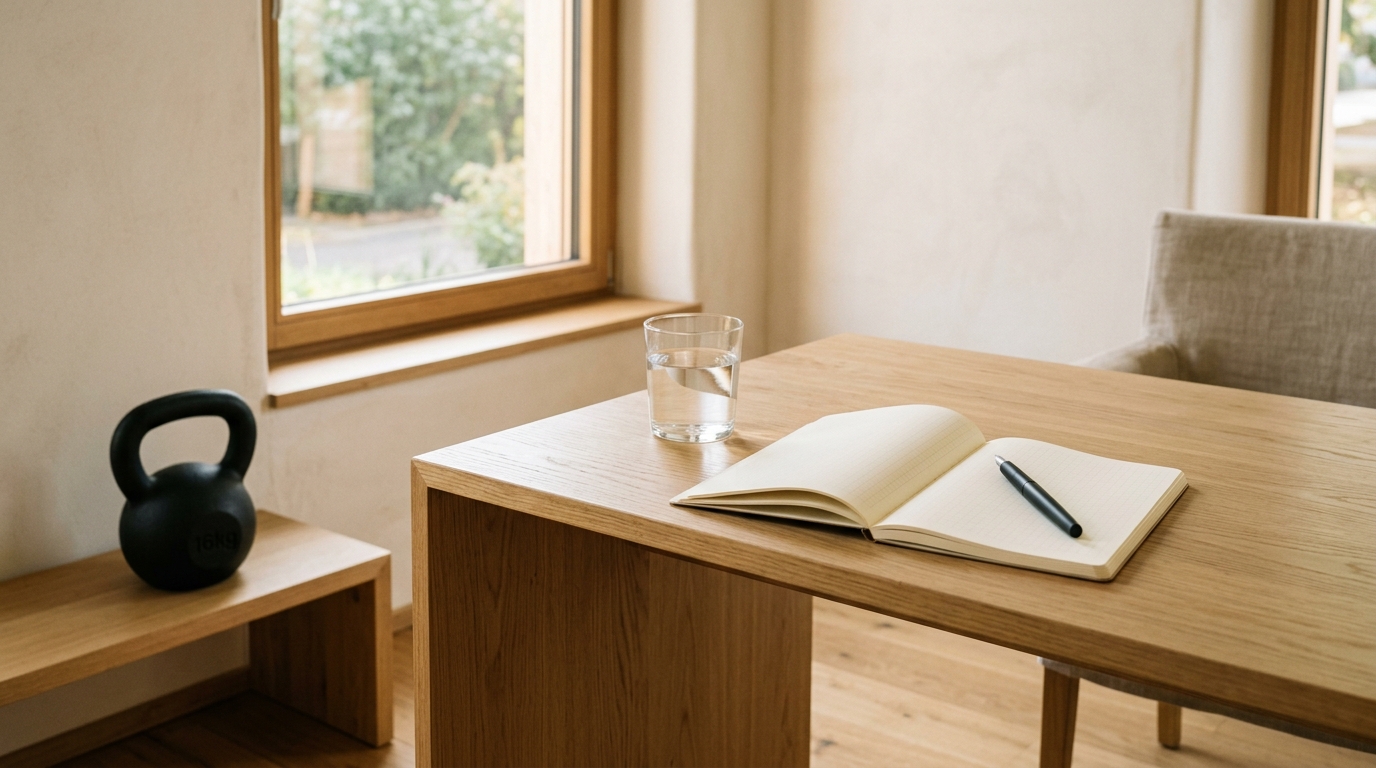 A quiet consultation room with notebooks and a kettlebell on a low shelf