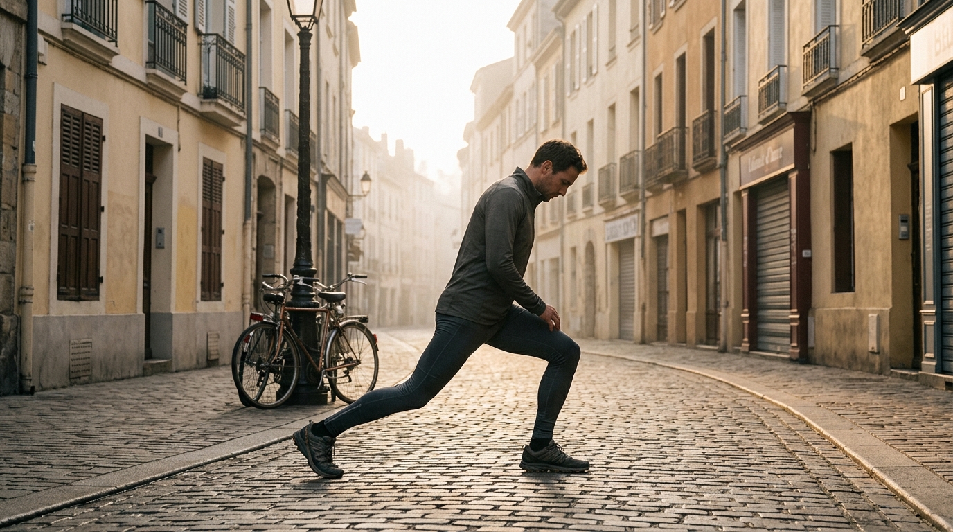 An athlete moving through a structured morning routine outdoors