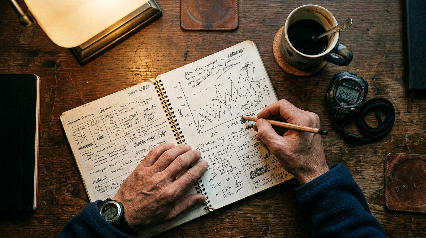 A coach annotating a paper logbook with weekly load notes