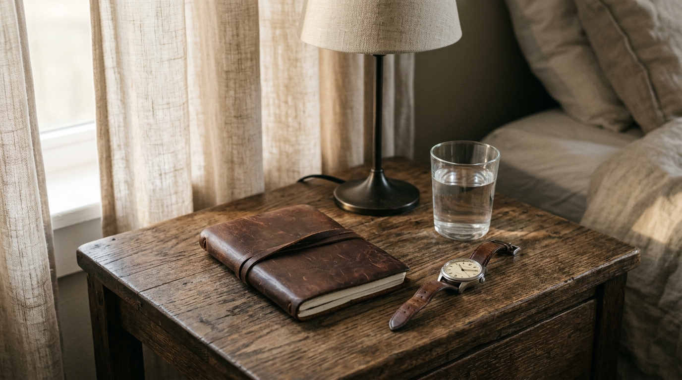 A still life with a notebook, water glass and a watch on a bedside table